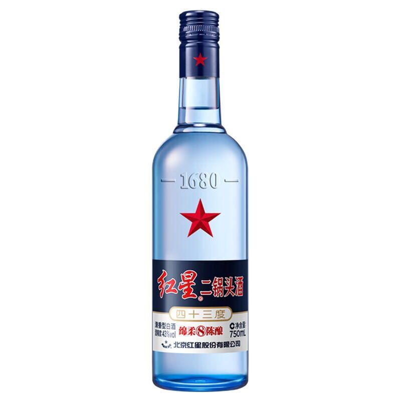 红星二锅头绵柔8纯粮 蓝瓶 清香型白酒 43度 750ml